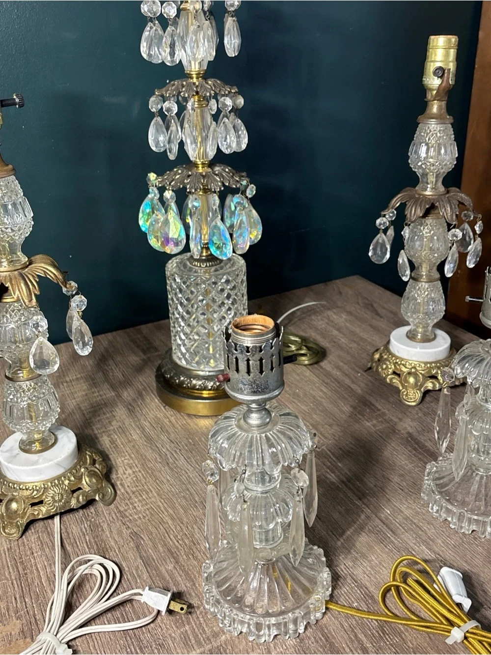 5 MCM HOLLYWOOD REGENCY TABLE LAMPS MARBLE BASE  CRYSTAL PRISMS